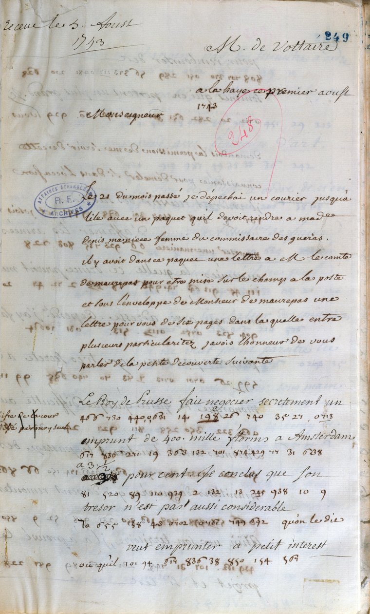 Brief von Voltaire, als er als Geheimagent in Den Haag arbeitete, an den französischen Außenminister in Paris, 1. August 1743 von Francois Marie Arouet Voltaire
