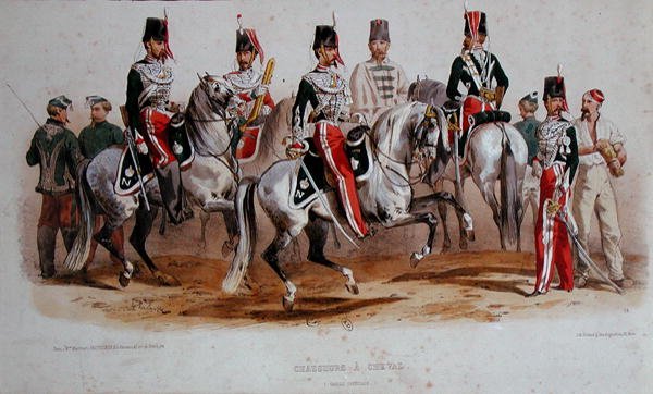 Französische Kavalleristen zur Zeit des Zweiten Kaiserreichs (Farblithografie) von Francois Hippolyte (after) Lalaisse