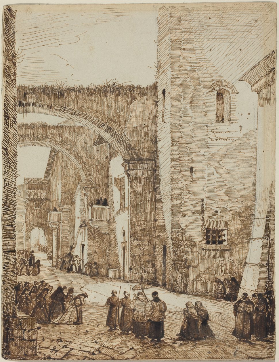 Ein Priester, der durch eine mittelalterliche Straße in Viterbo zieht von Francois-Marius Granet