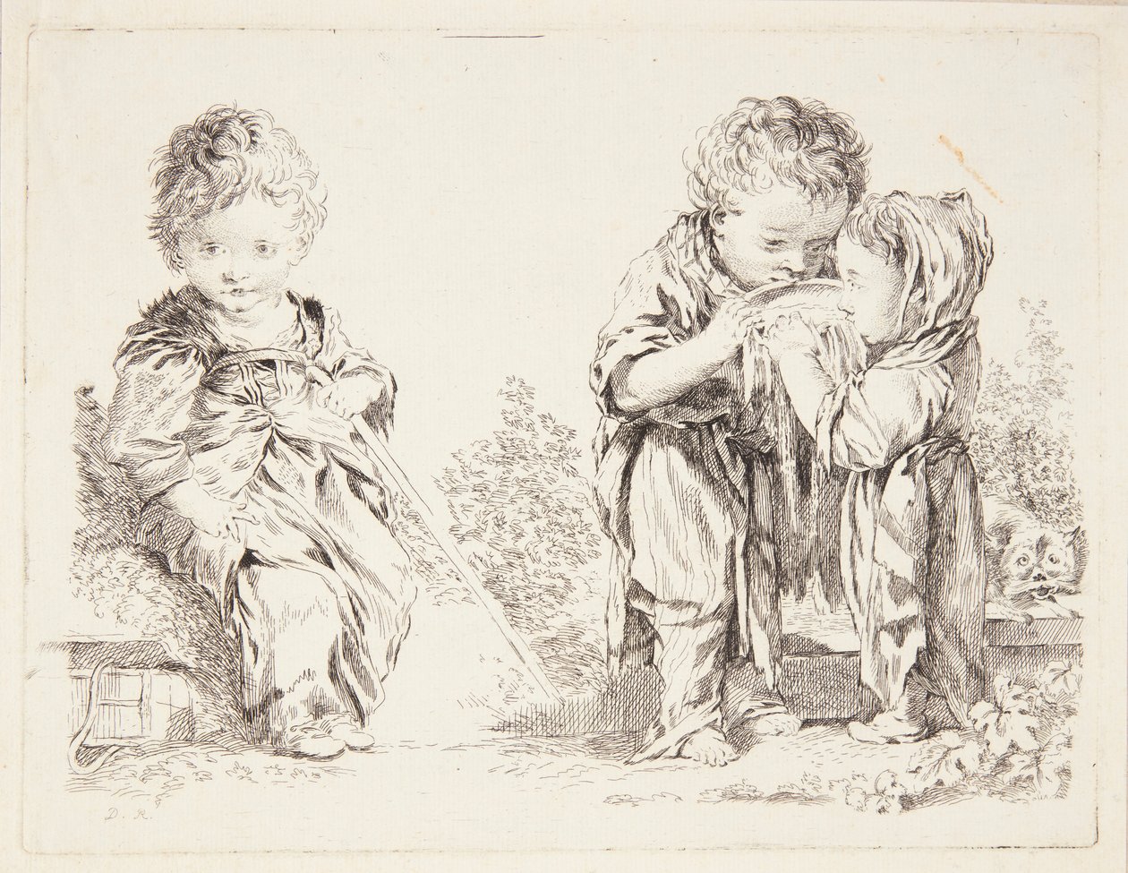 Kind auf einem Erdklumpen sitzend und Die kleinen Milchtrinker von François Boucher