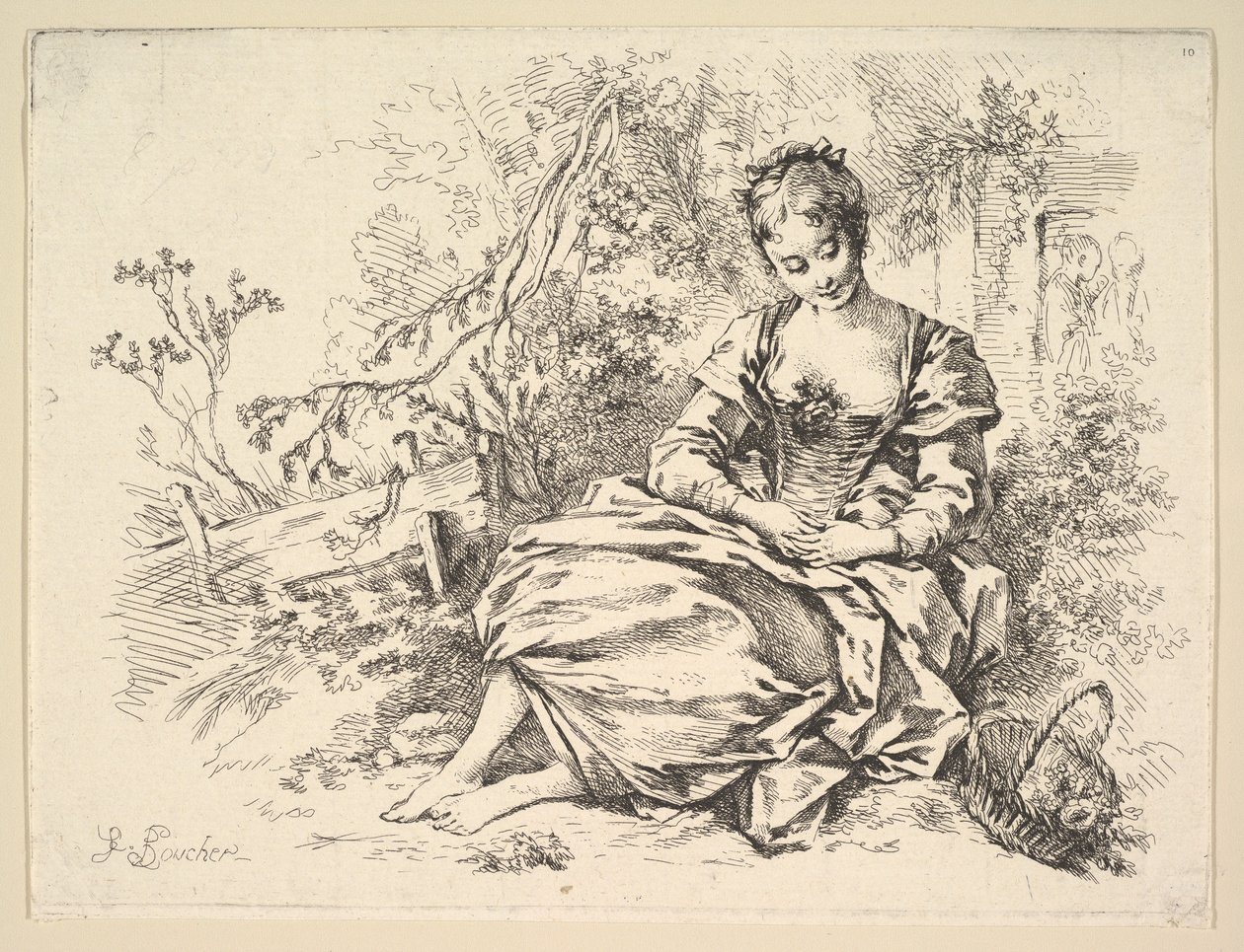 Mädchen in einer Landschaft mit einem Korb voller Blumen von François Boucher