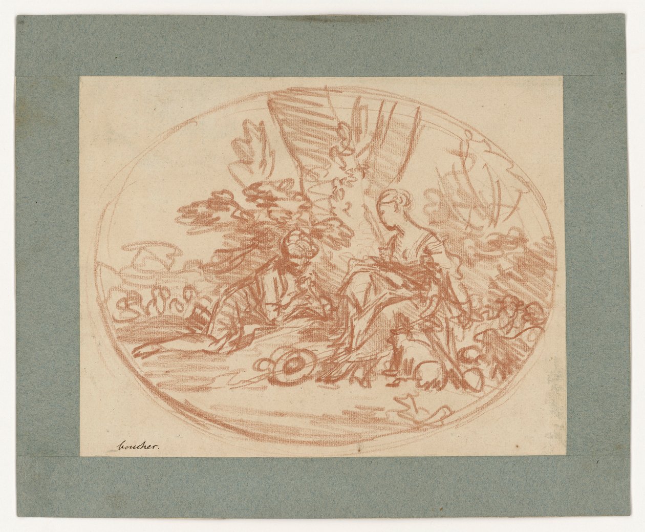 Lagerndes Paar unter Bäumen (Gegendruck) von François Boucher