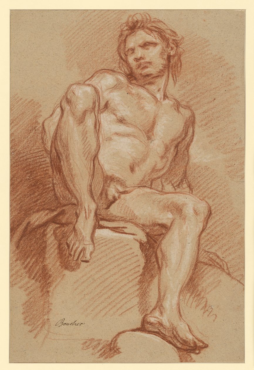 Männliche Aktstudie, sitzend und von vorn gesehen von François Boucher