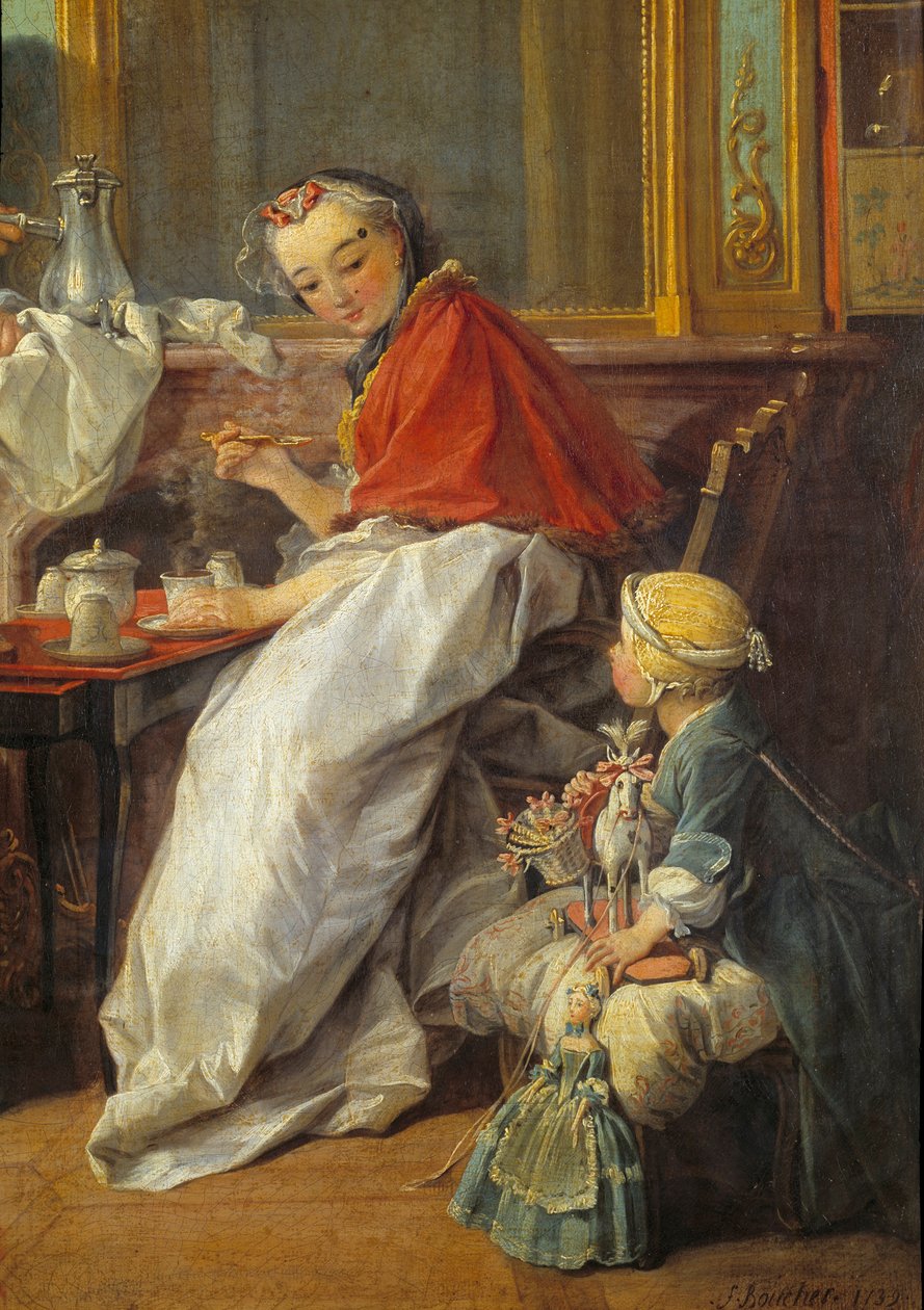 Mutter und Tochter. Detail von „Frühstück“. Ein Mädchen und ihre Puppen beobachten ihre Mutter beim Trinken von heißer Schokolade. von François Boucher