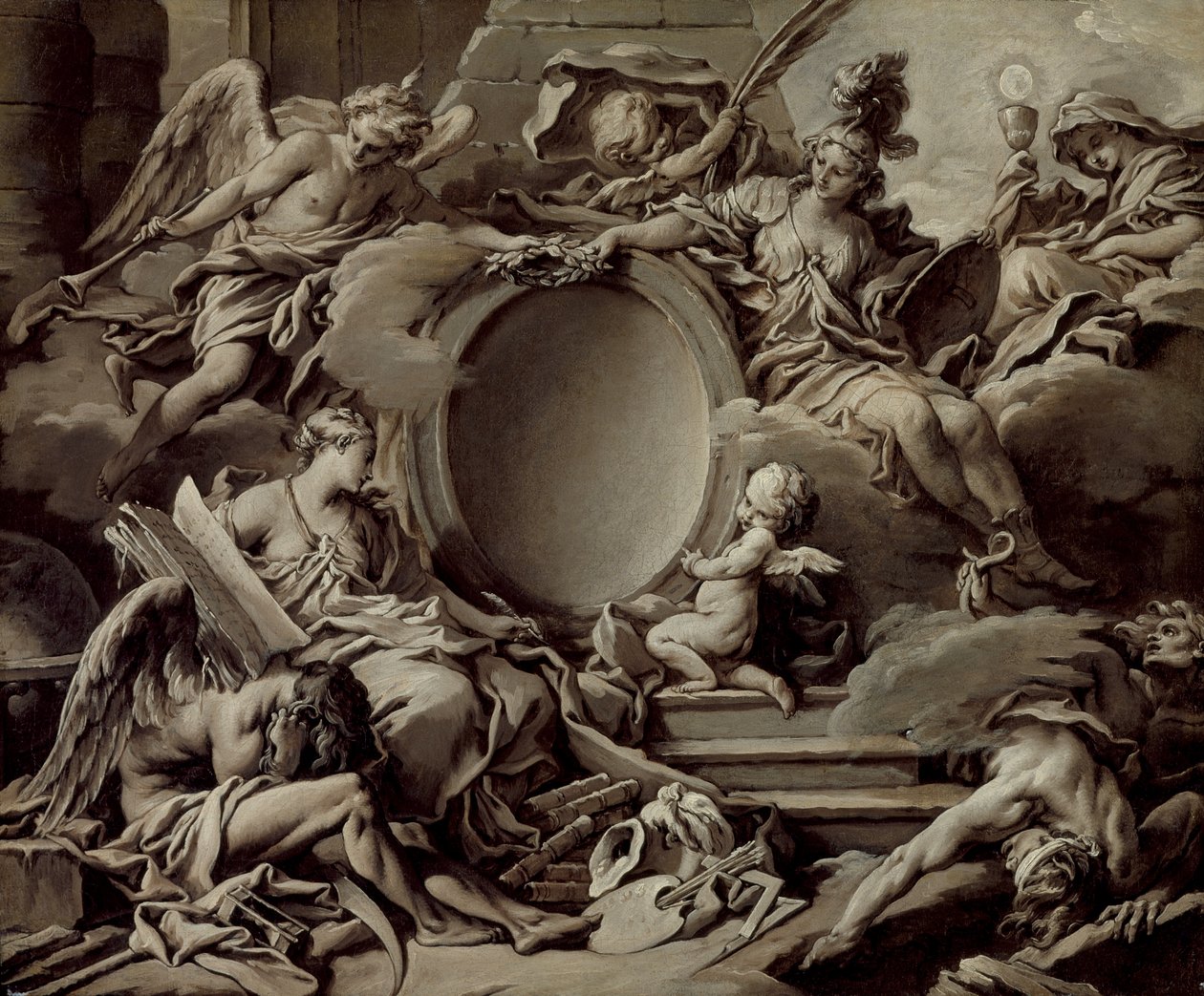 Entwurf für ein Kartusche: Eine Allegorie von Minerva, Ruhm, Geschichte und Glaube, die Unwissenheit und Zeit überwinden von François Boucher