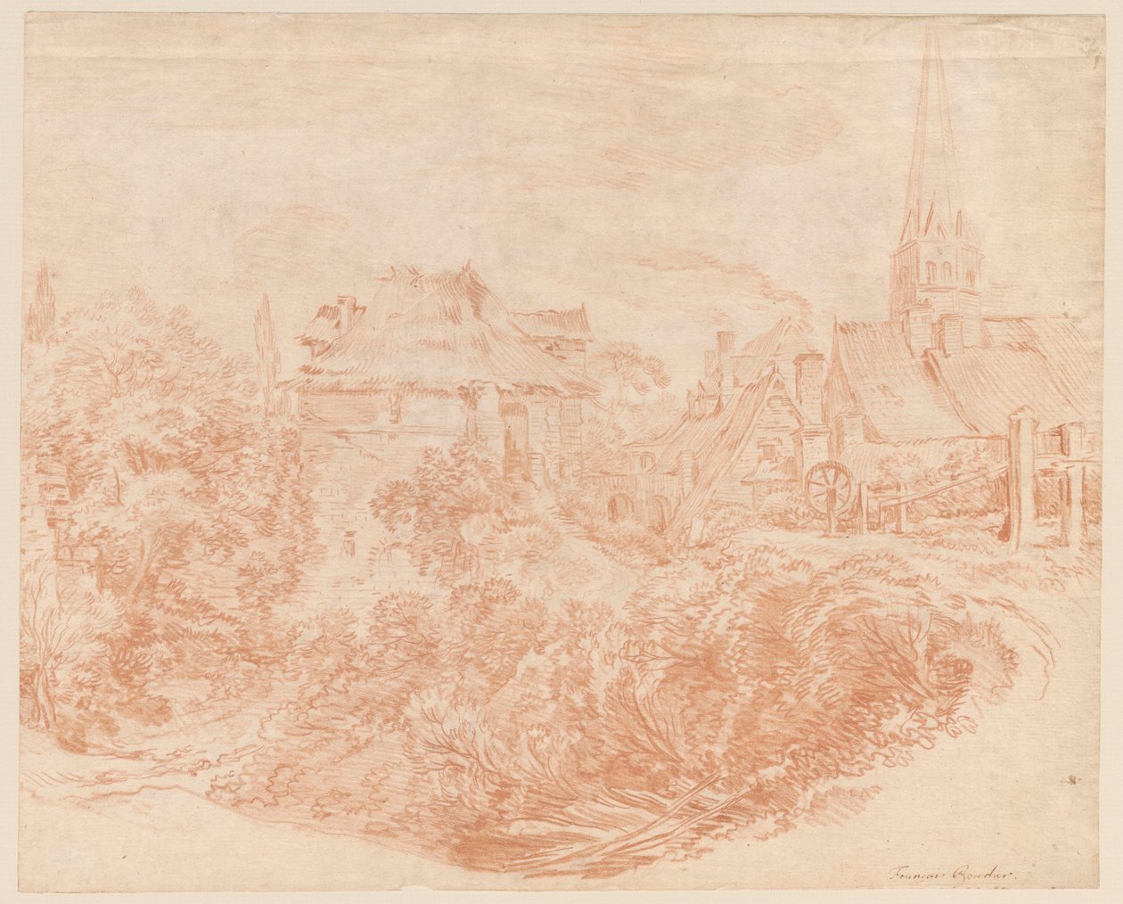 Ansicht von Dorfgebäuden und Kirchturm von François Boucher