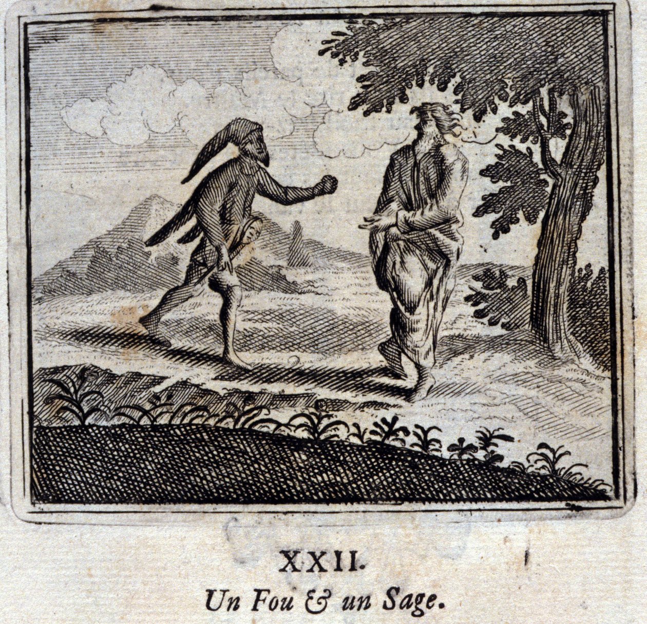 Ein Verrückter und ein Weiser. Fabeln von Jean de La Fontaine (1621-95). Illustration von François Chauveau (1613-1676). Ausgabe von 1728 von Francois Chauveau