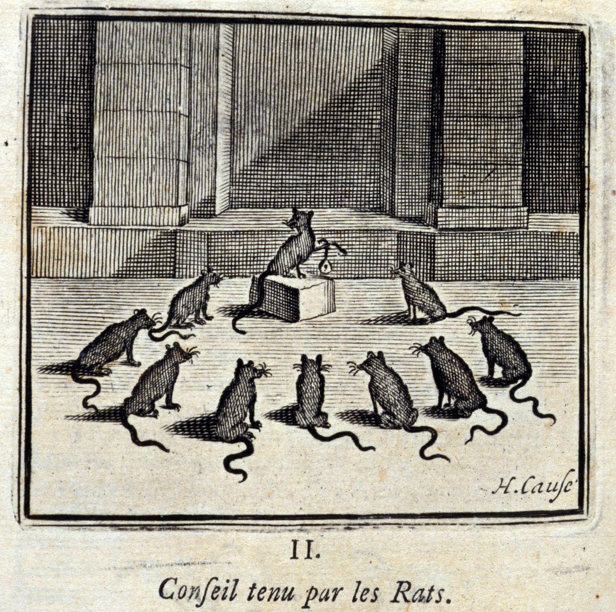 Rat der Ratten. Fabeln von Jean de La Fontaine. Illustration von François Chauveau. Ausgabe von 1728. von Francois Chauveau