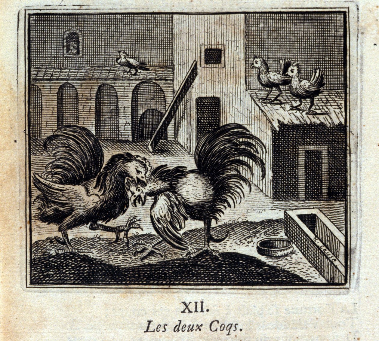 Beide Hähne. Fabeln von Jean de La Fontaine (1621-95). Illustration von François Chauveau (1613-1676). Ausgabe von 1728. von Francois Chauveau