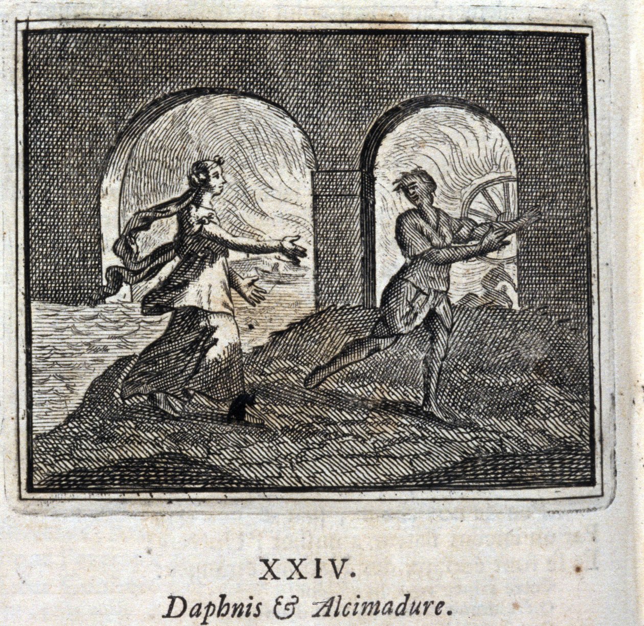 Daphnis und Alcimadura. Fabeln von Jean de La Fontaine (1621-95). Illustration von François Chauveau (1613-1676). Ausgabe von 1728 von Francois Chauveau
