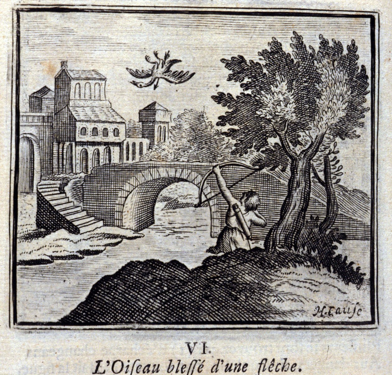 Der Vogel, der von einem Pfeil getroffen wurde. Fabeln von Jean de La Fontaine. Illustration von François Chauveau. Ausgabe von 1728. von Francois Chauveau