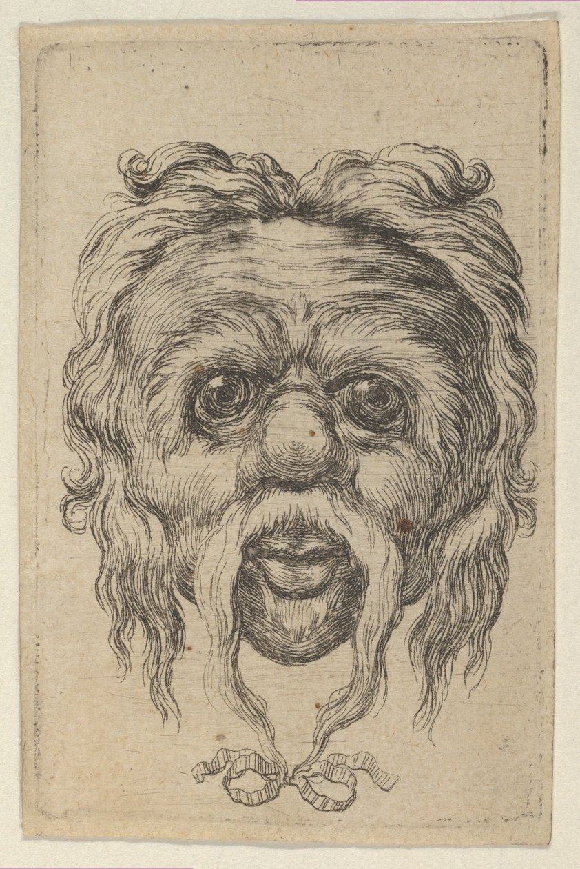 Maske mit einem langen Schnurrbart, der mit einem Band unter dem Kinn gebunden ist, aus Divers Masques von Francois Chauveau