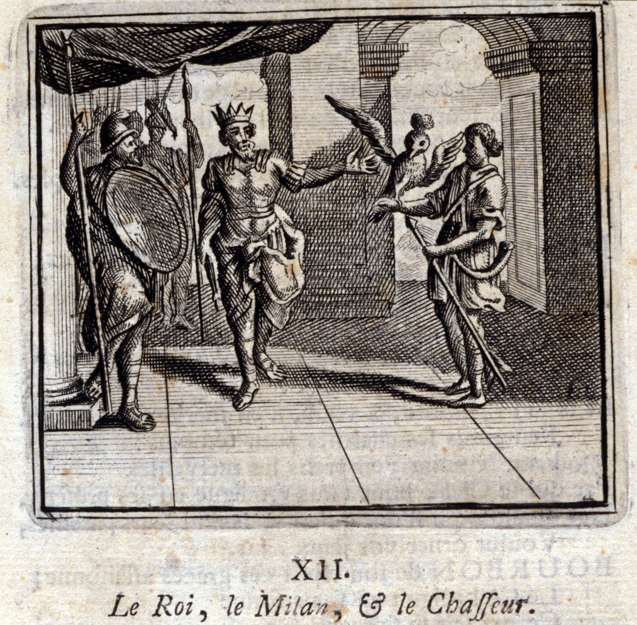 Milan der König und der Jäger. Fabeln von Jean de La Fontaine. Illustration von François Chauveau. Ausgabe von 1728 von Francois Chauveau