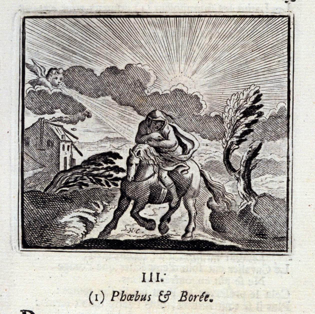 Phebus und Boree. Fabeln von Jean de La Fontaine. Illustration von François Chauveau. Ausgabe von 1728. von Francois Chauveau
