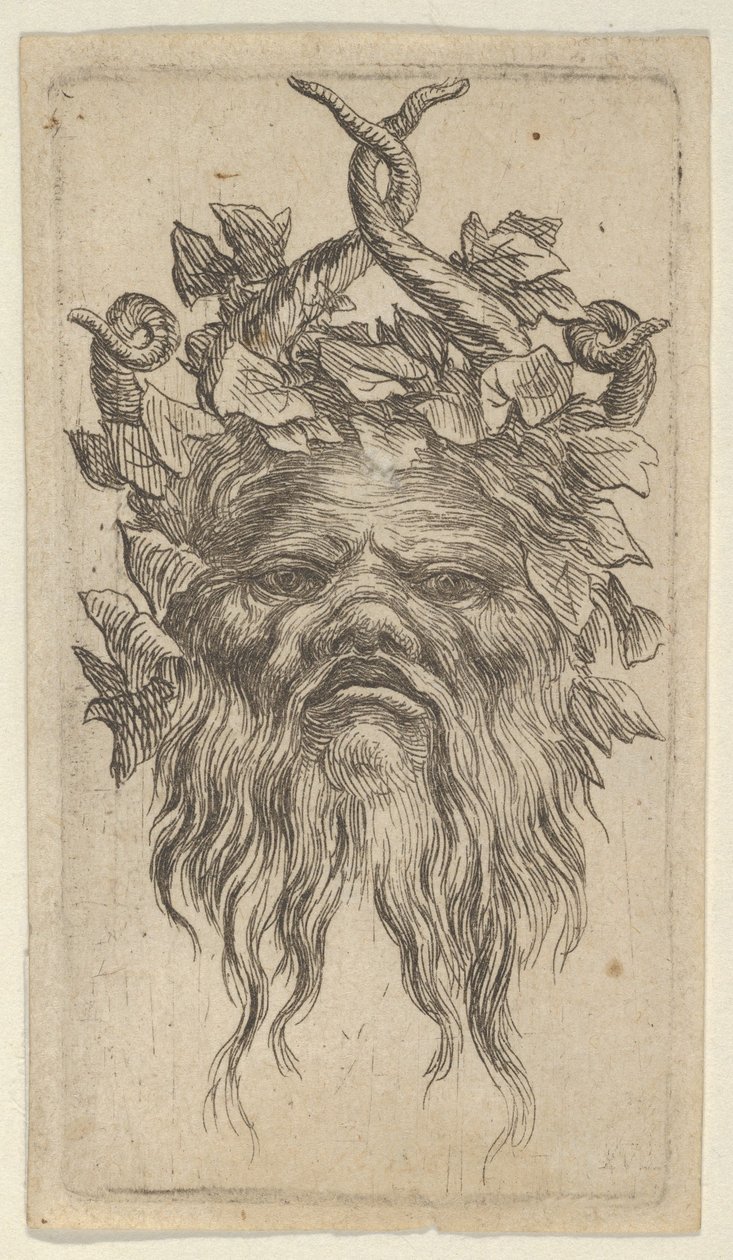 Satyrmaske mit gebogenen Hörnern und einem Efeukranz, aus Divers Masques von Francois Chauveau