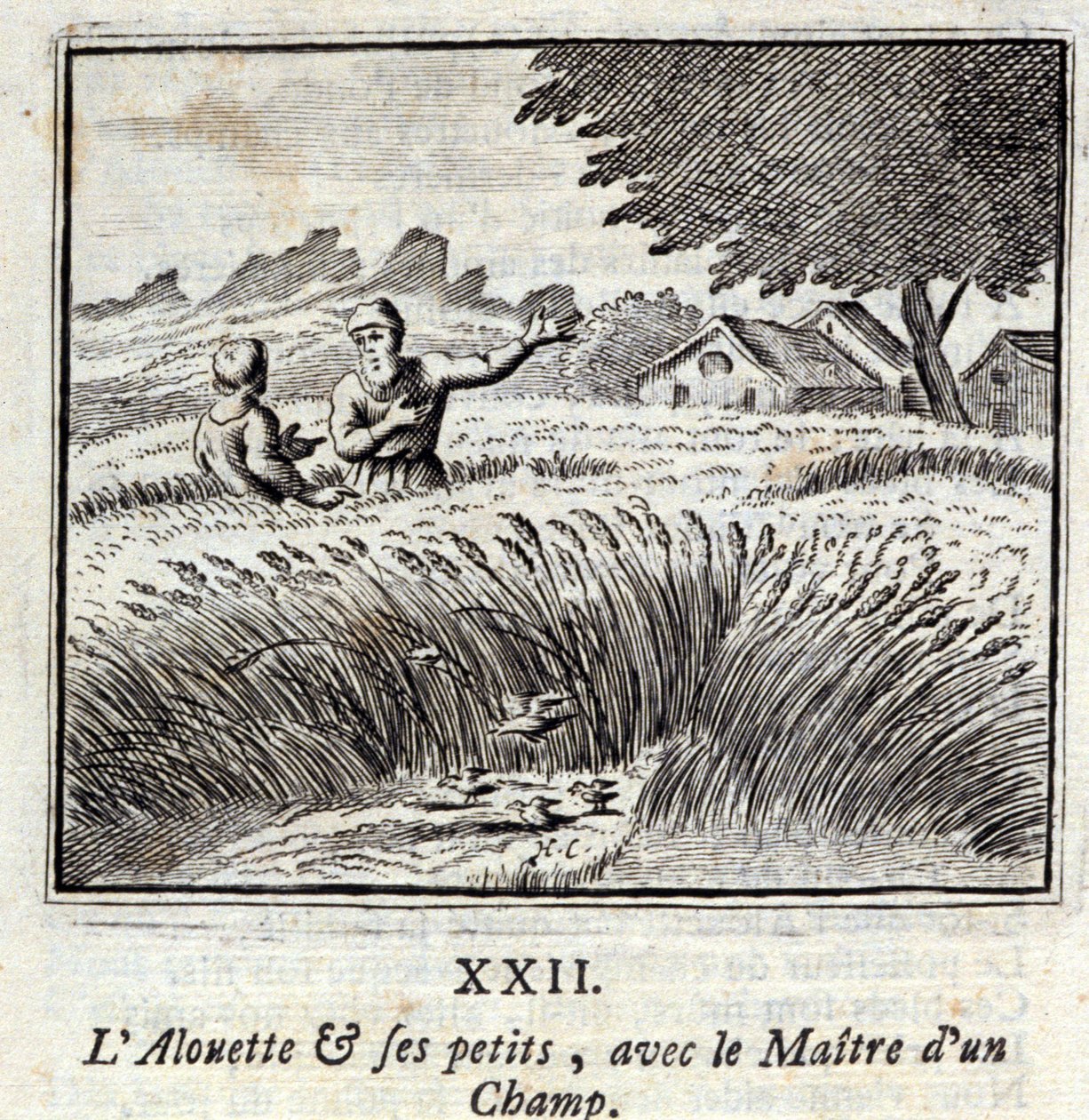 Die Lerche und ihre Jungen mit dem Besitzer eines Feldes. Fabeln von Jean de La Fontaine. Illustration von François Chauveau. Ausgabe von 1728. von Francois Chauveau