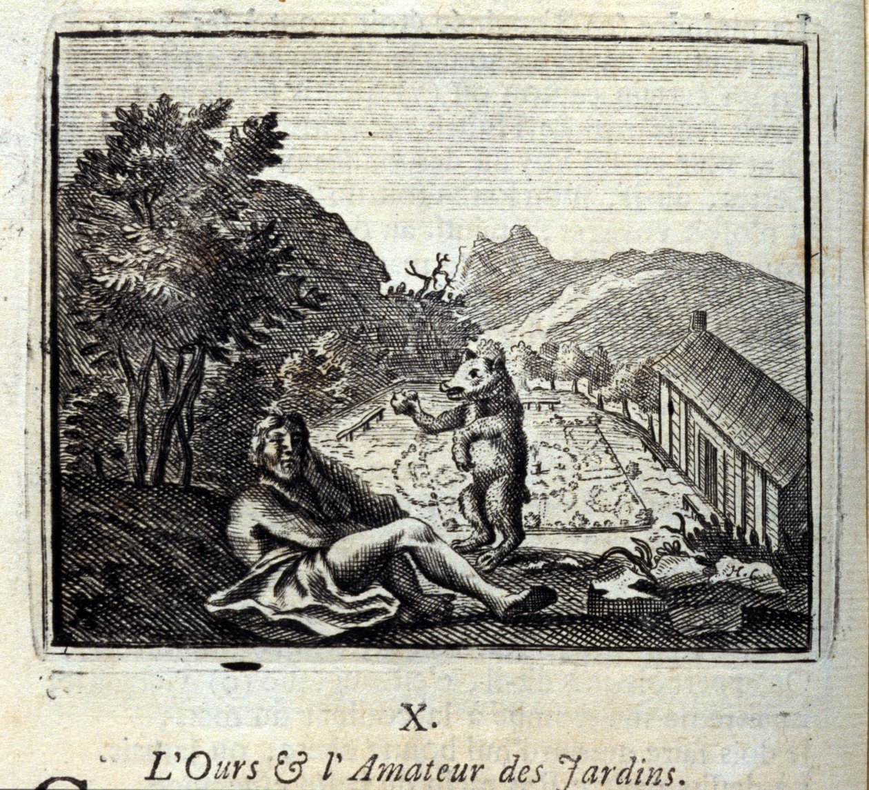 Der Bär und der Gartenliebhaber. Fabeln von Jean de La Fontaine. Illustration von François Chauveau. Ausgabe von 1728. von Francois Chauveau