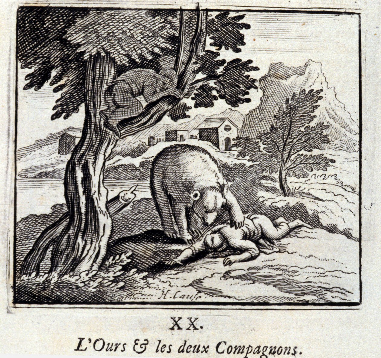 Der Bär und die zwei Gefährten. Fabeln von Jean de La Fontaine. Illustration von François Chauveau. Ausgabe von 1728. von Francois Chauveau
