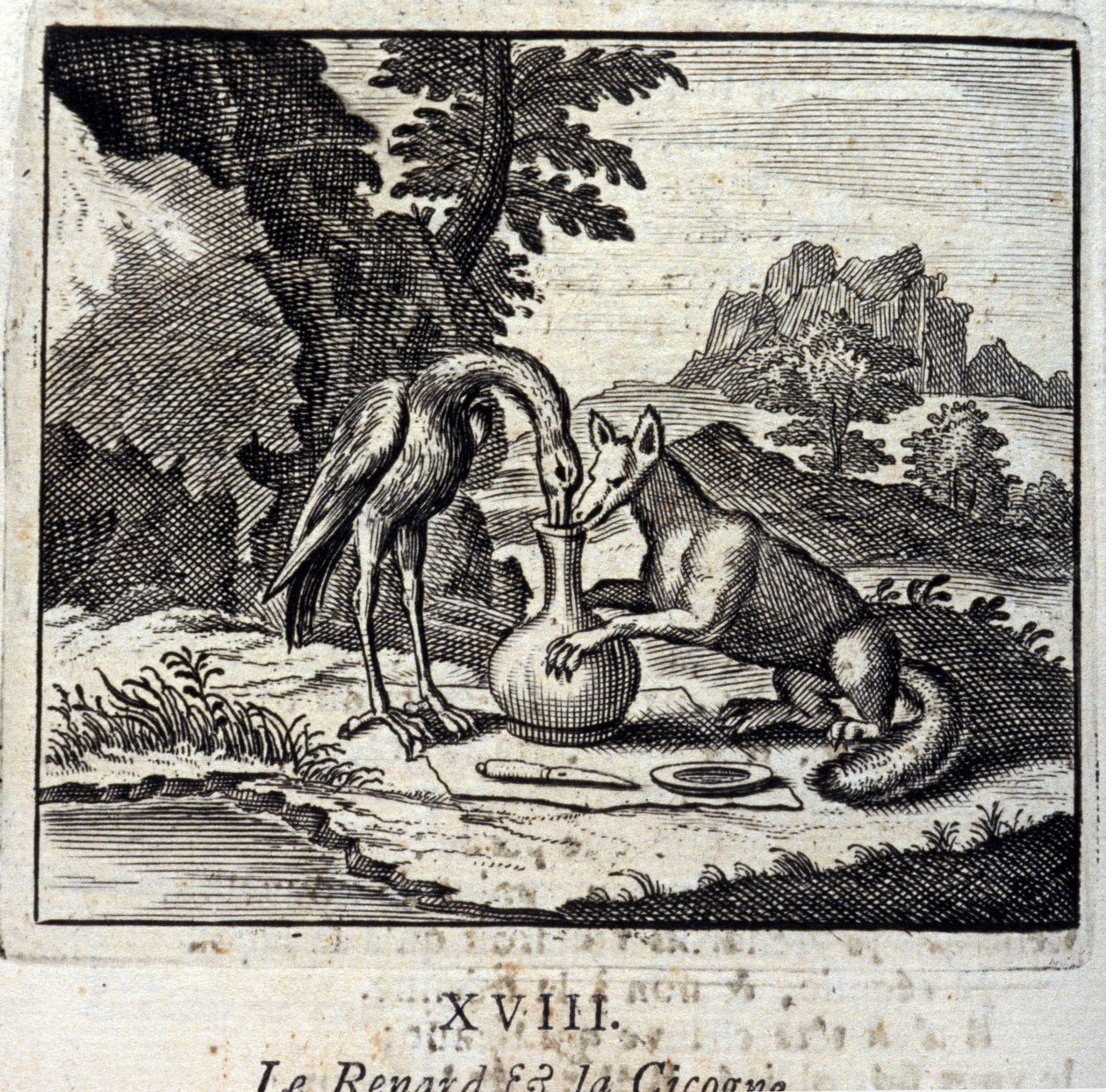 Der Fuchs und der Storch. Fabeln von Jean de La Fontaine (1621-95). Illustration von François Chauveau (1613-1676). Ausgabe von 1728. von Francois Chauveau
