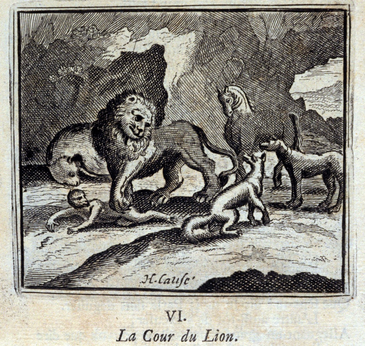 Der Löwenhof. Fabeln von Jean de La Fontaine (1621-95). Illustration von François Chauveau (1613-1676). Ausgabe von 1728 von Francois Chauveau