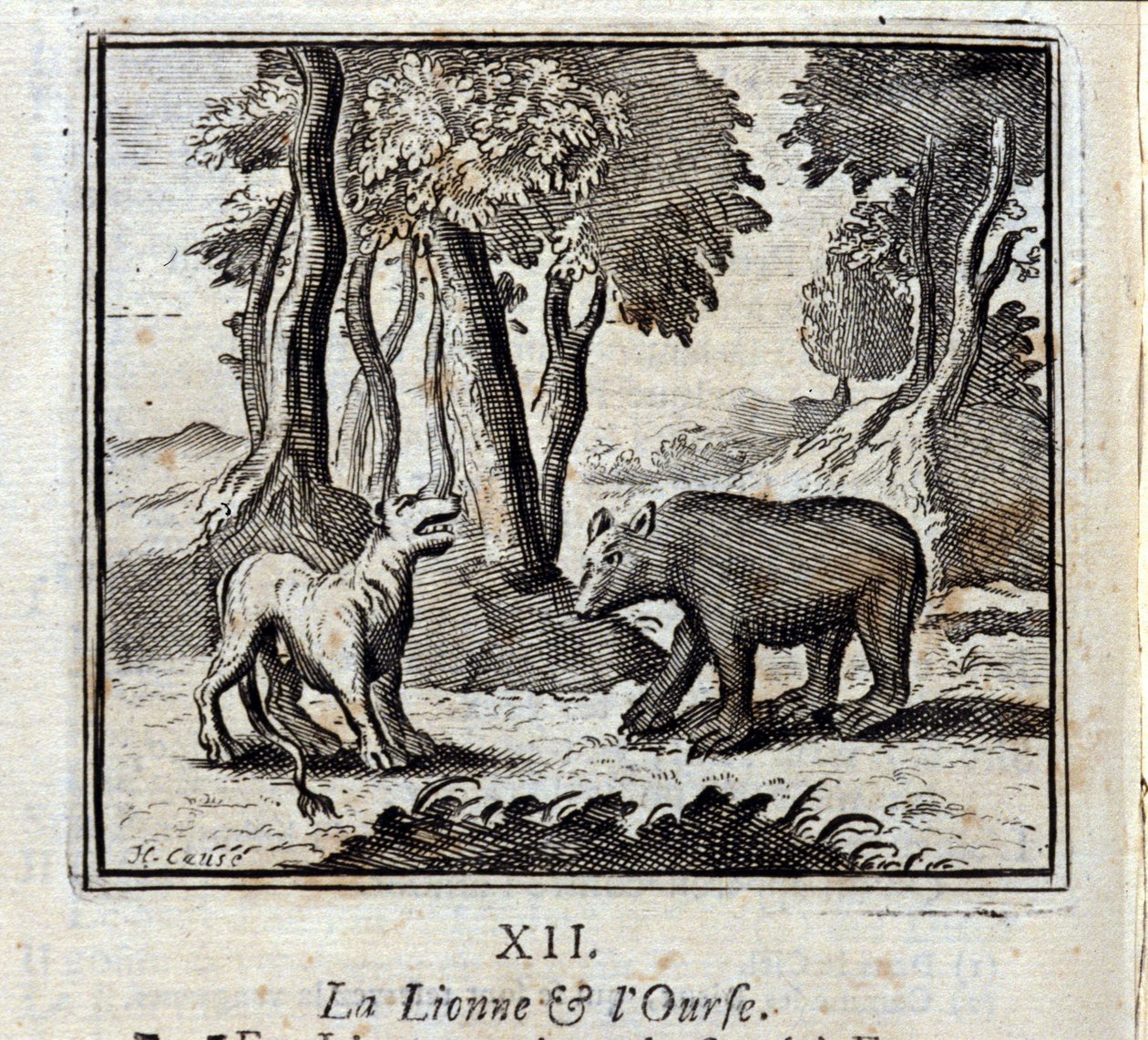 Die Löwin und der Bär. Fabeln von Jean de La Fontaine. Illustration von François Chauveau. Ausgabe von 1728. von Francois Chauveau