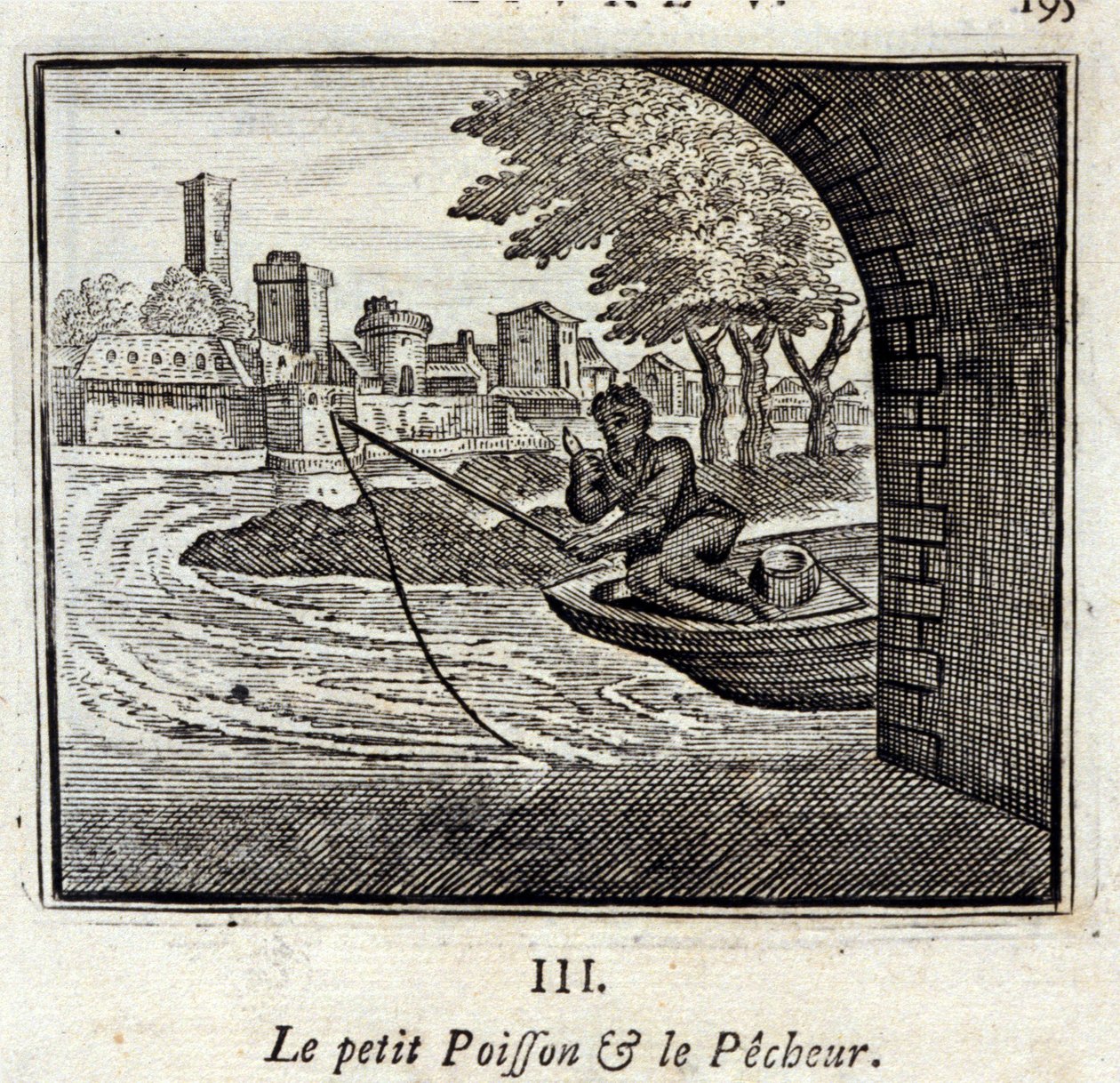 Der kleine Fisch und der Fischer. Fabeln von Jean de La Fontaine (1621-95). Illustration von François Chauveau (1613-1676). Ausgabe von 1728 von Francois Chauveau