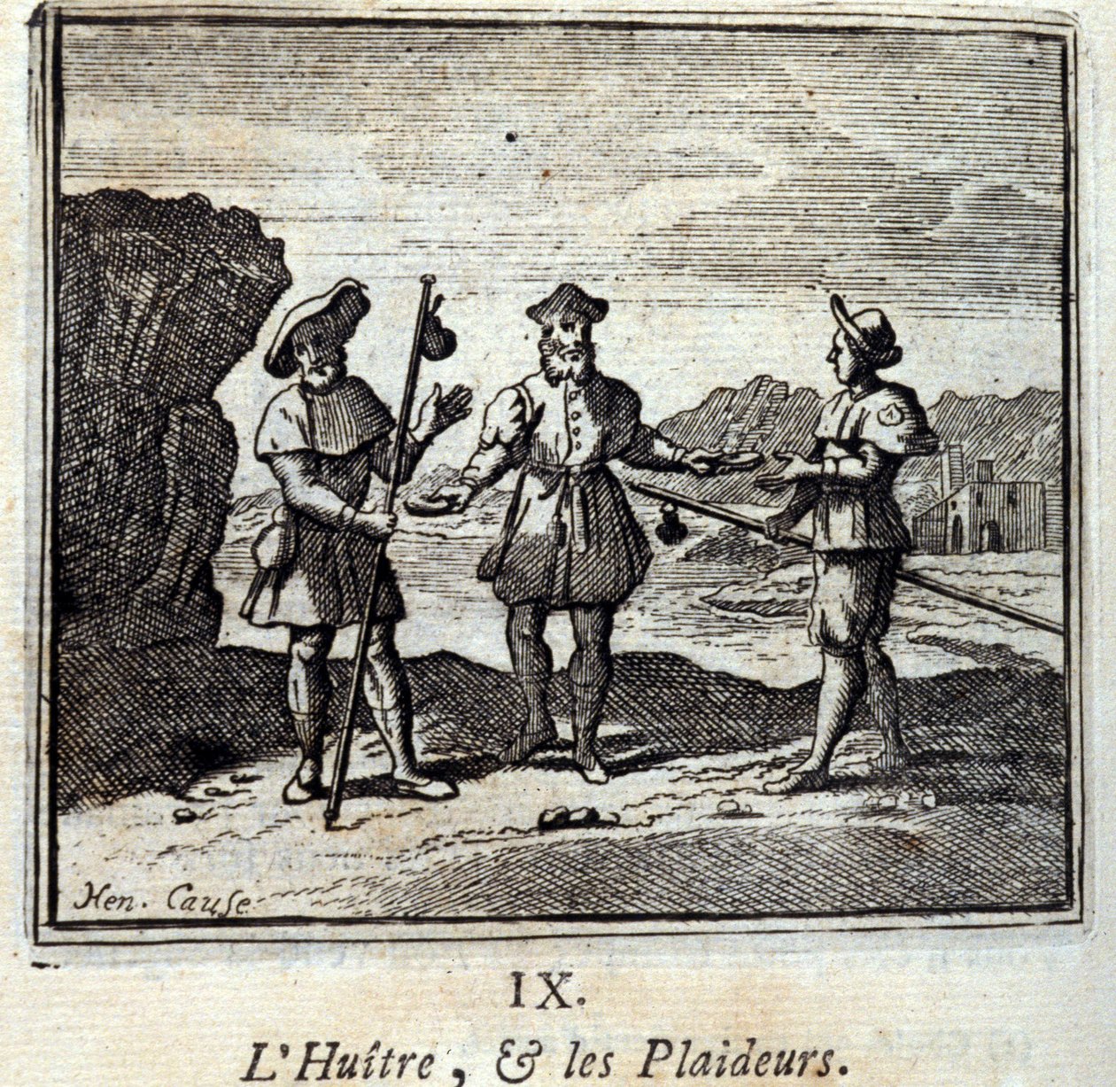 Die Auster und die Streitenden. Fabeln von Jean de La Fontaine. Illustration von François Chauveau. Ausgabe von 1728. von Francois Chauveau