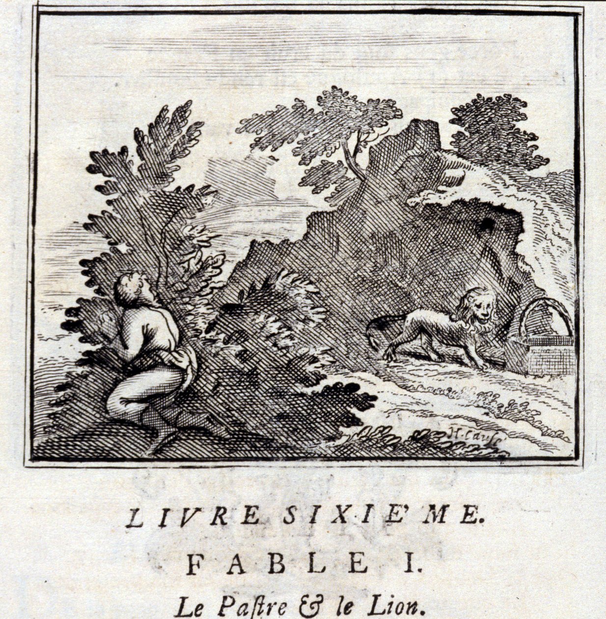 Der Patra und der Löwe. Fabeln von Jean de La Fontaine. Illustration von François Chauveau. Ausgabe von 1728. von Francois Chauveau