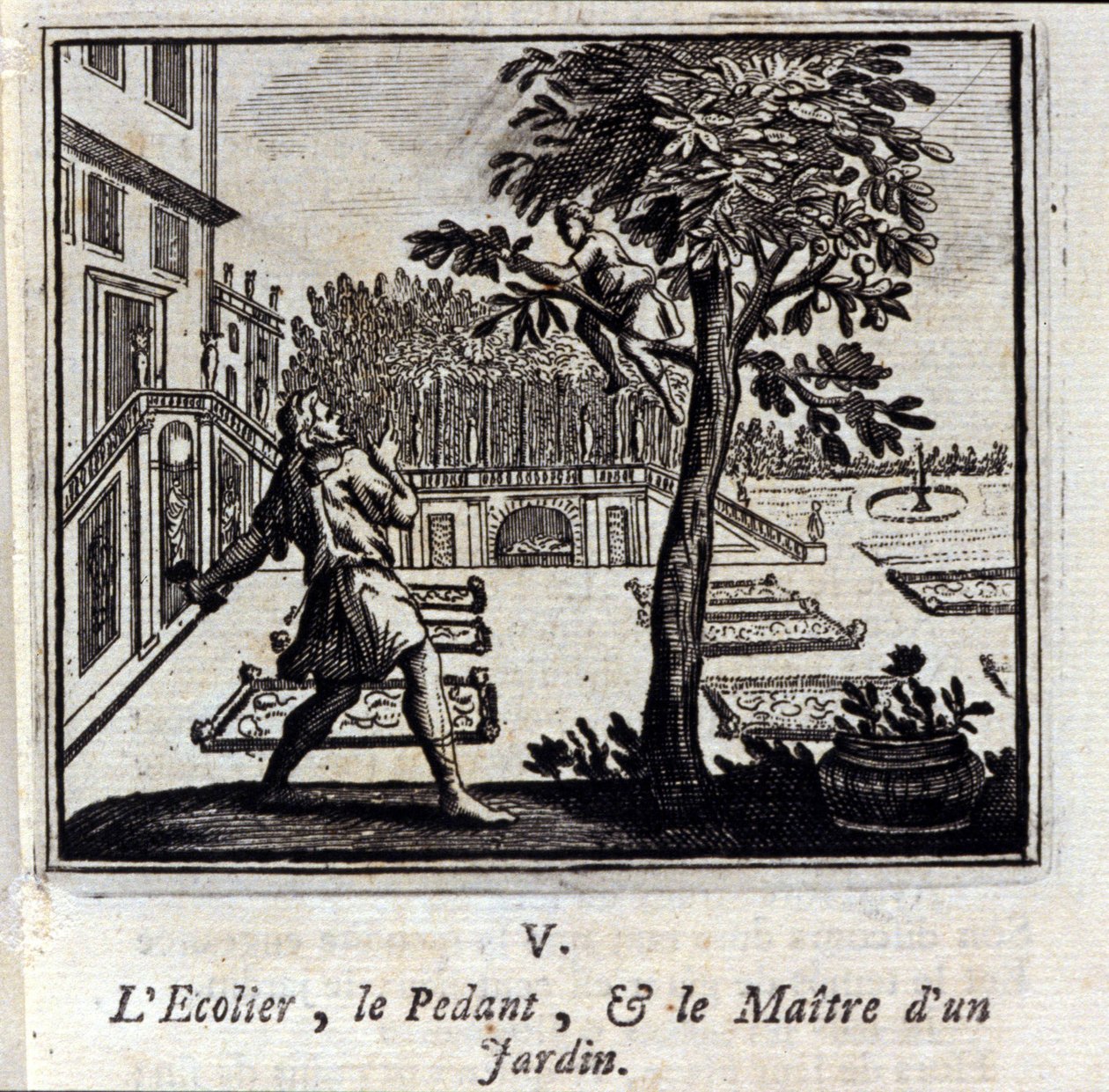 Die Pedantenschule und der Meister eines Gartens. Fabeln von Jean de La Fontaine. Illustration von François Chauveau. Ausgabe von 1728. von Francois Chauveau