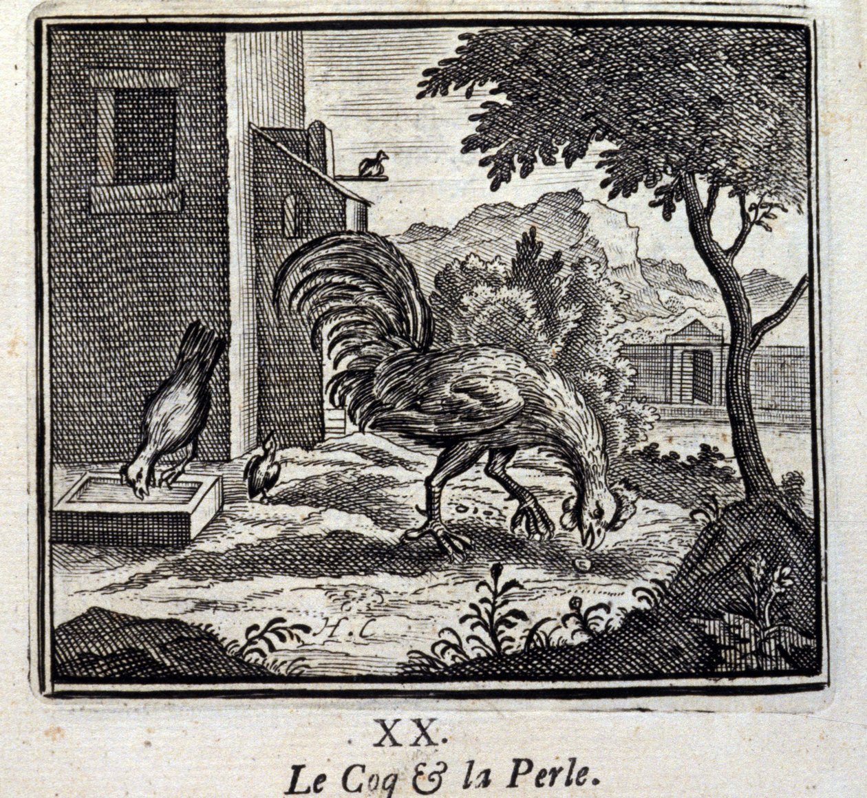 Der Hahn und die Perle. Fabeln von Jean de La Fontaine (1621-95). Illustration von François Chauveau (1613-1676). Ausgabe von 1728. von Francois Chauveau