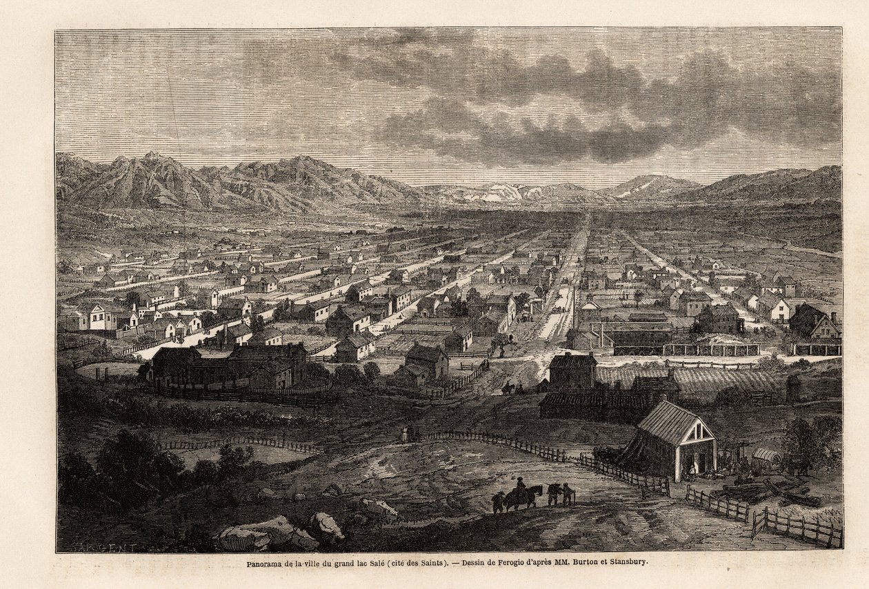 Panorama der Stadt des großen schmutzigen Sees, Zitat der Heiligen (Utah), Zeichnung von Ferogio, zur Illustration von Richard Burtons Reise in die Stadt der Heiligen, Hauptstadt des Landes der Mormonen, 1860. Gravur in „Le tour du monde“, herausgegeben v von Francois Fortune Antoine (after) Ferogio