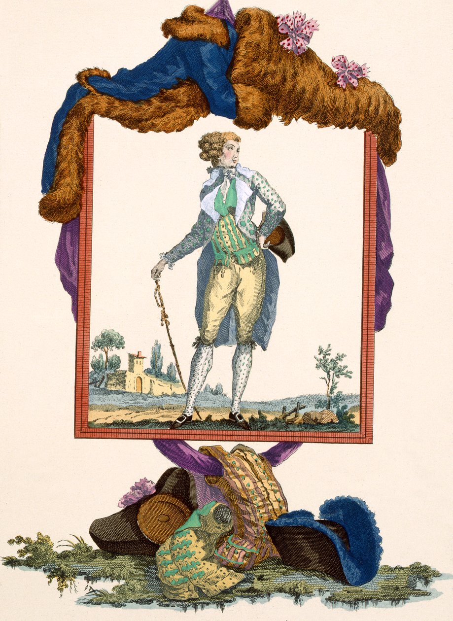 Junger Mann in einer weißen Seidenjacke mit bemalter Weste, graviert von Dupin, Tafel Nr. 265 aus 