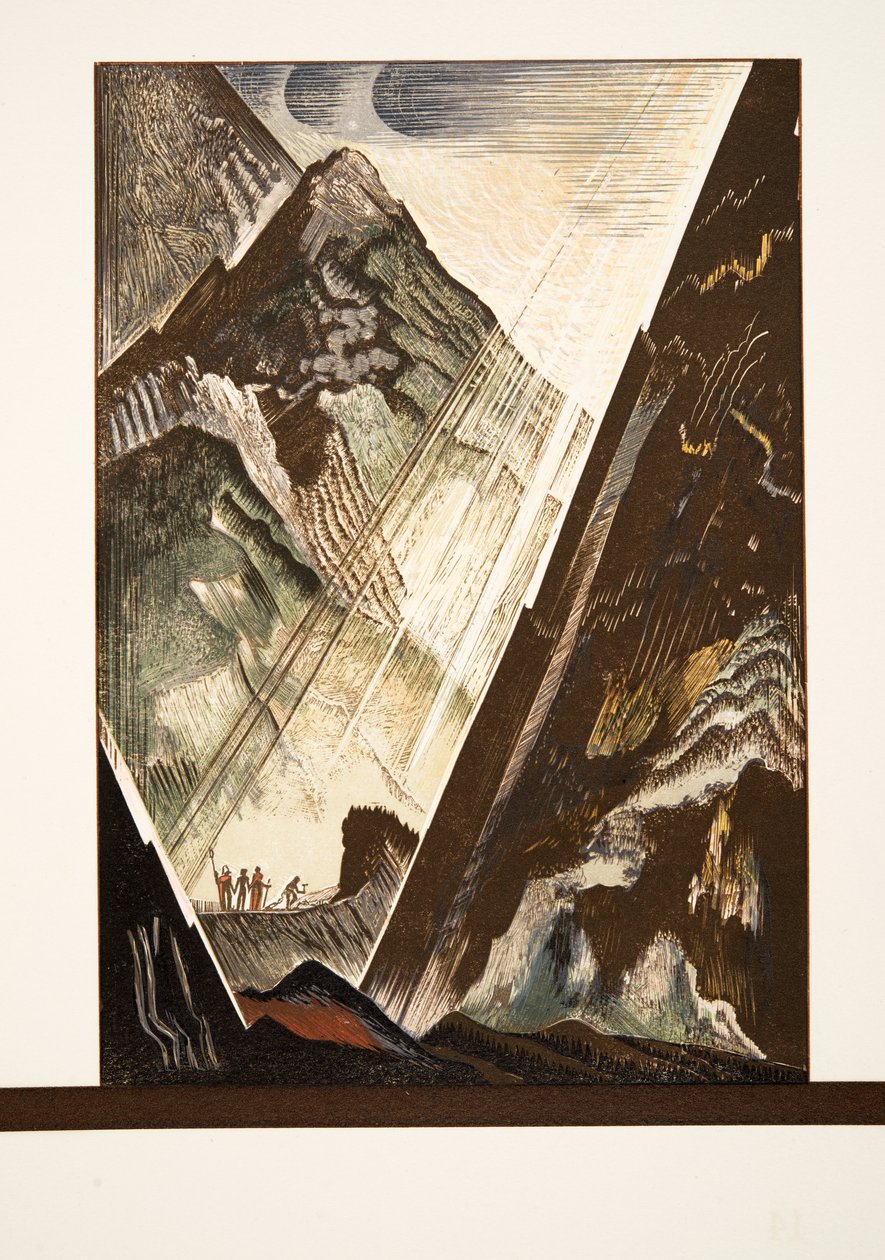 Prometheus wird von Hephaistos, Kratos und Bia an den Felsen genagelt, aus Prométhée Enchaîné von Aeschylus, veröffentlicht 1941 von Francois Louis Schmied