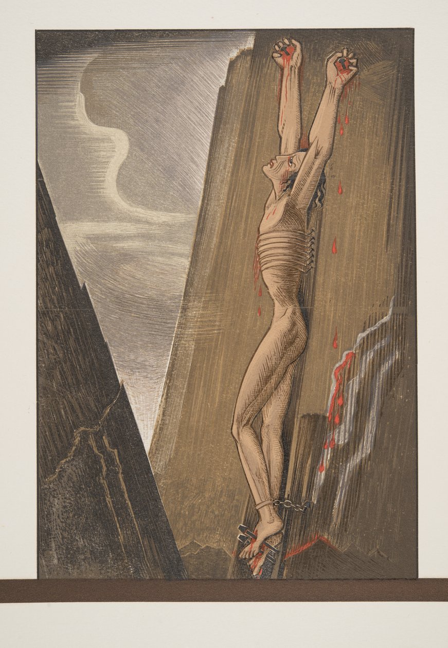 Prometheus an den Felsen genagelt, aus Prométhée Enchaîné von Aeschylus, veröffentlicht 1941 von Francois Louis Schmied