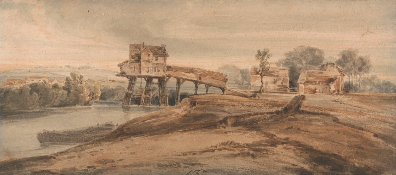Die Wassermühle über der Brücke in Charenton von Francois Louis Thomas Francia