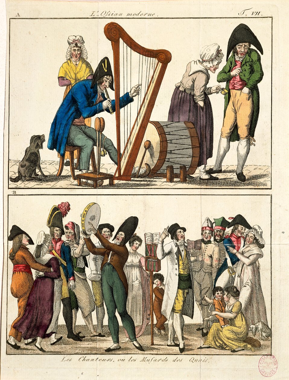 Karikatur des modernen Ossian und der Straßensänger, von François Nicolas Martinet, Gravur von Francois Nicolas Martinet