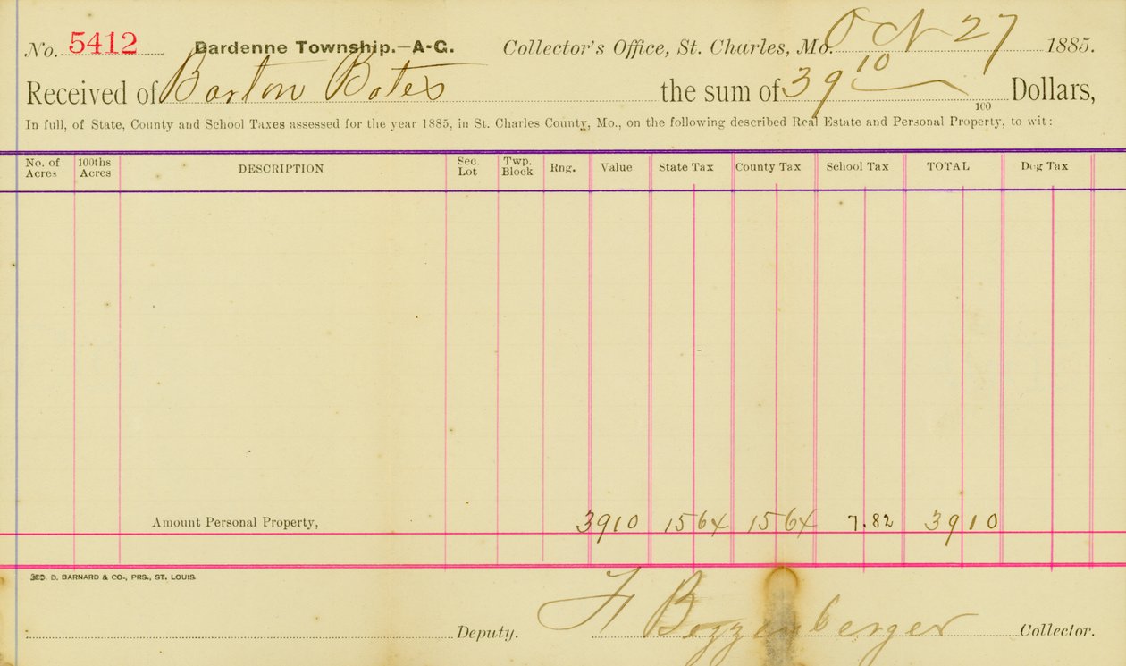 Steuern für das Jahr 1885 in St. Charles County von Frank Bizzenberger