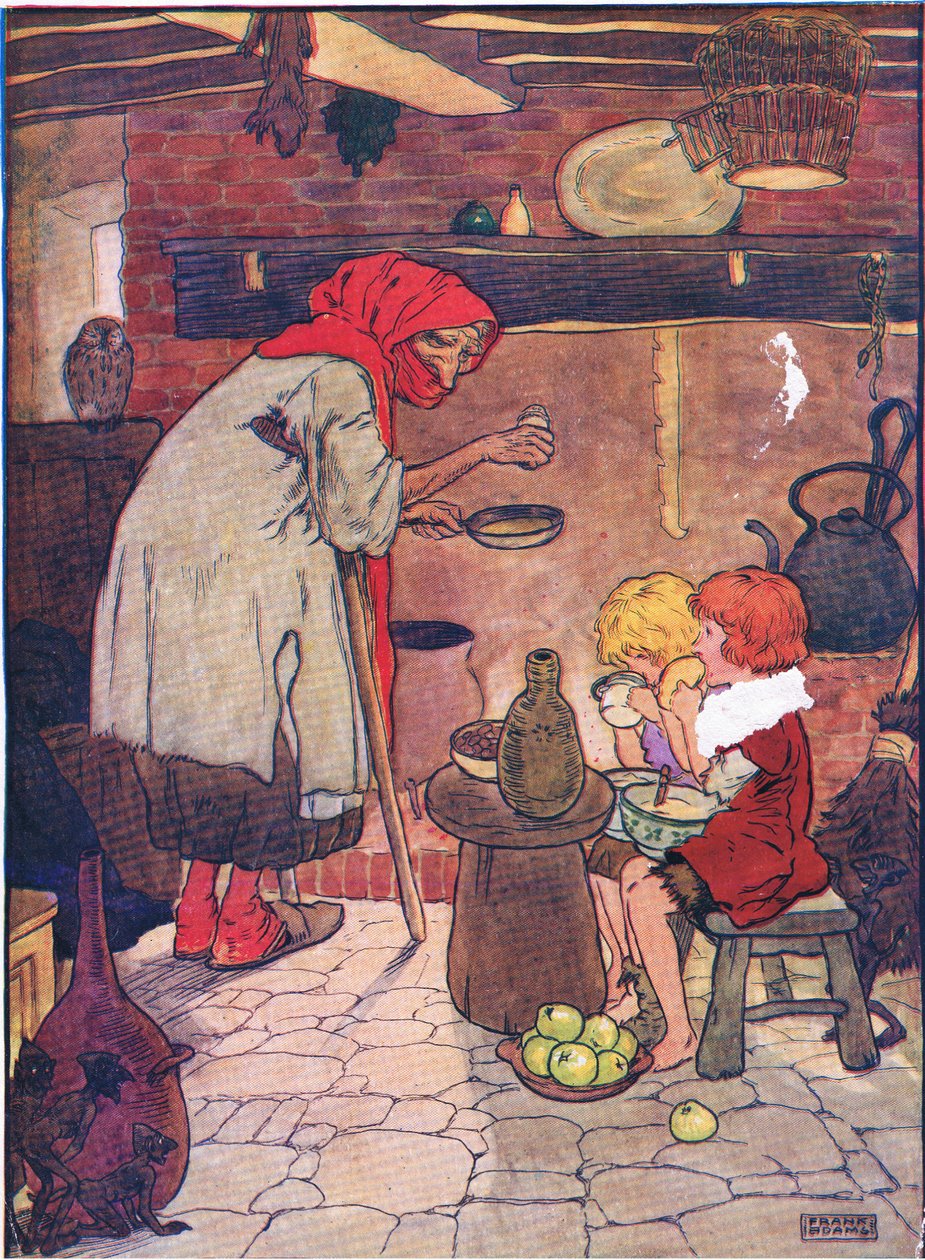 Sie führte sie hinein und gab ihnen ein schönes Abendessen, aus Hänsel und Gretel, veröffentlicht von Blackie & Son Limited, ca. 1940 von Frank Adams