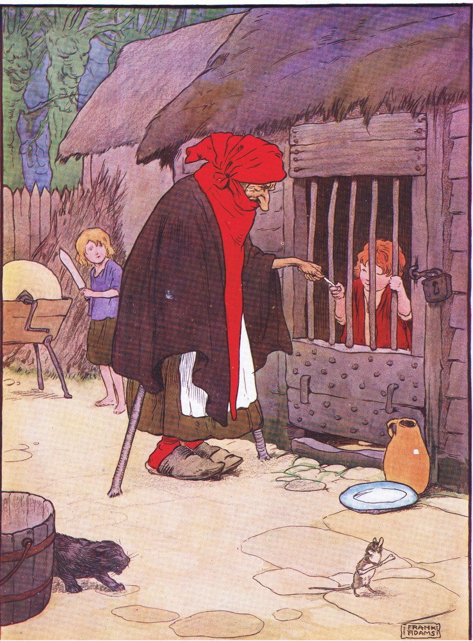 Die alte Frau sperrte Hänsel in einen Stall, aus Hänsel und Gretel, veröffentlicht von Blackie & Son Limited, ca. 1940 von Frank Adams