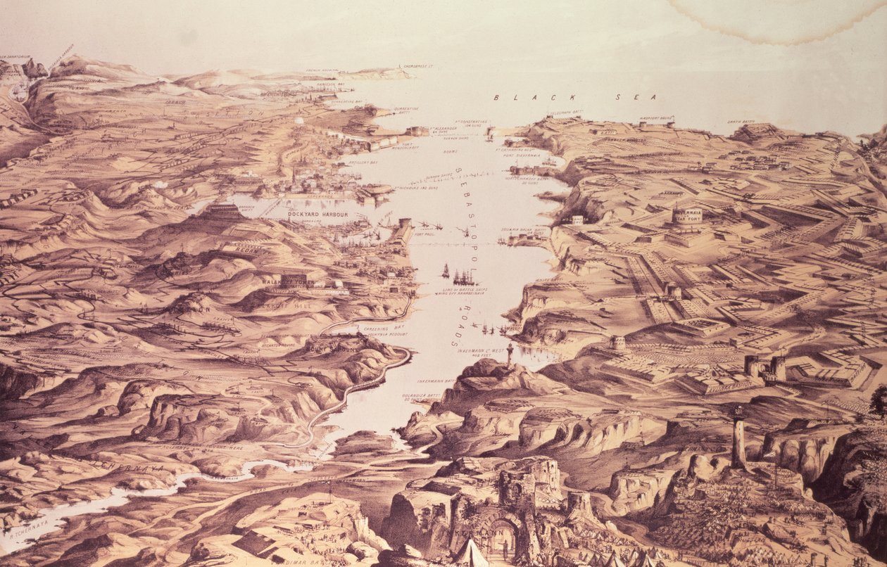 Panoramablick auf die Nord- und Südseiten des Hafens und Hafens von Sewastopol, entworfen und lithografiert von Thomas Packer, veröffentlicht von Stannard und Dixon, 1855 von Frank C. Hughes