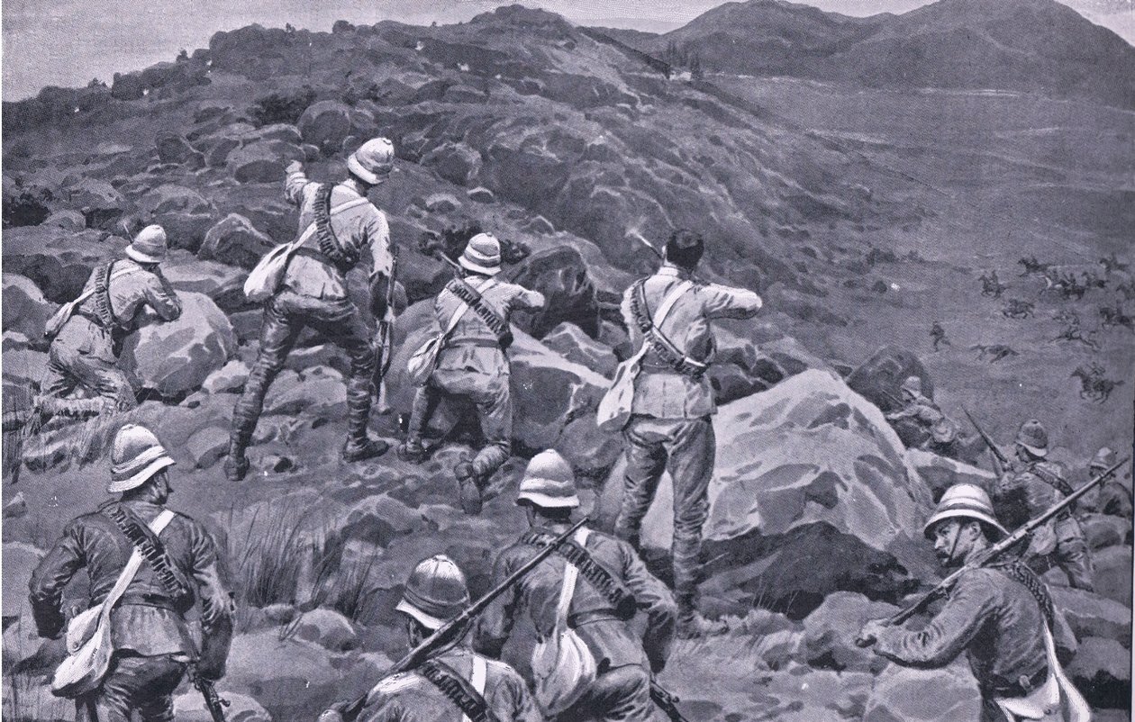 Verfolgung der Nachhut von De Wet in den Takesberg, aus Nach Pretoria: Der Guerillakrieg veröffentlicht von Harmsworth Bros Limited von Frank Dadd