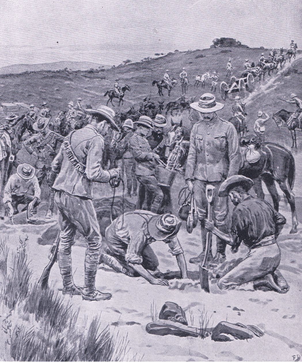 Auf der Suche nach Wasser, aus After Pretoria: Der Guerillakrieg veröffentlicht von Harmsworth Bros Limited, 1901 von Frank Dadd