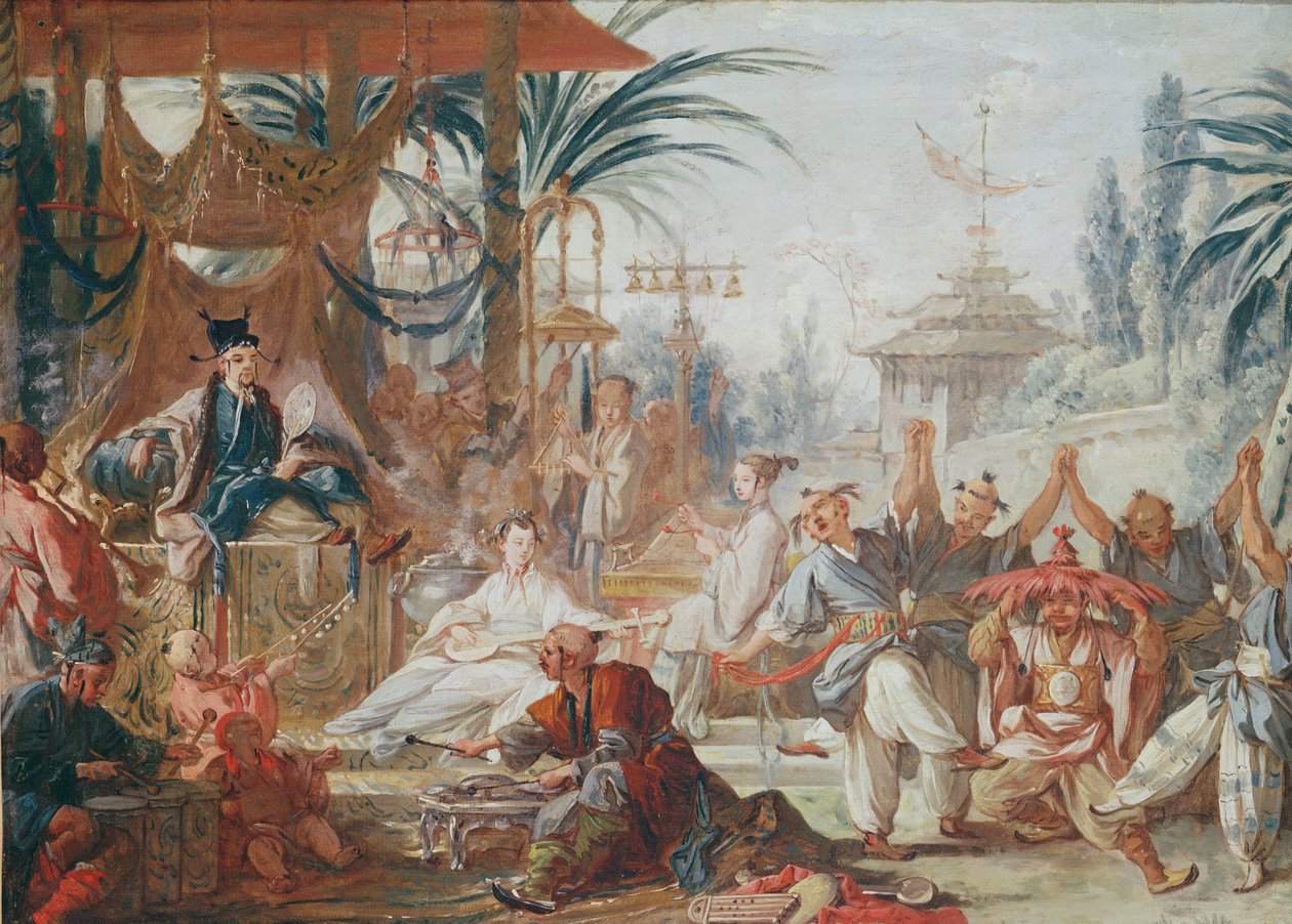 Chinoiserien: Chinesischer Tanz (Vorstudie für einen Wandteppich), ca. 1742 von François Boucher