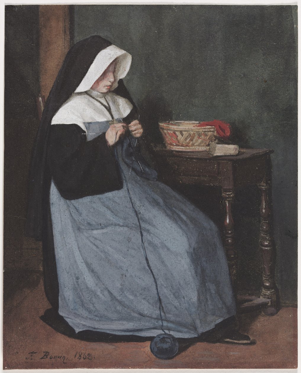 Eine Nonne sitzt an einem Tisch und strickt, 1862 von François Bonvin