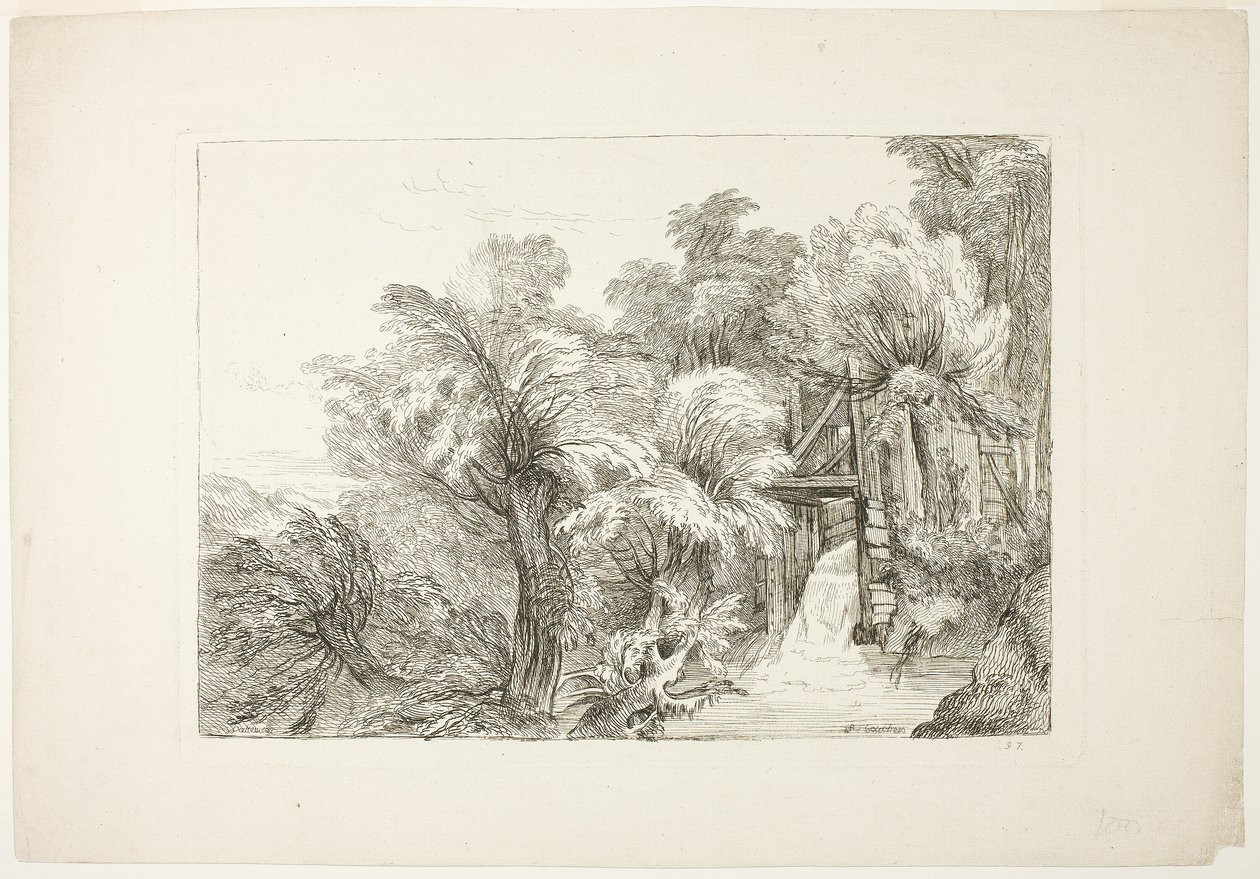Eine Mühlenschleuse inmitten von Weiden, Platte 97 aus Figures de différents caractères, de Paysages, et d’Études dessinées d