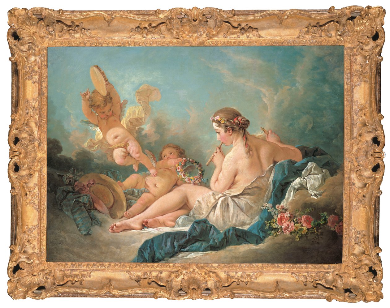 Eine liegende Nymphe, die Flöte spielt, mit Putti, vielleicht die Muse Euterpe, 1752 von François Boucher