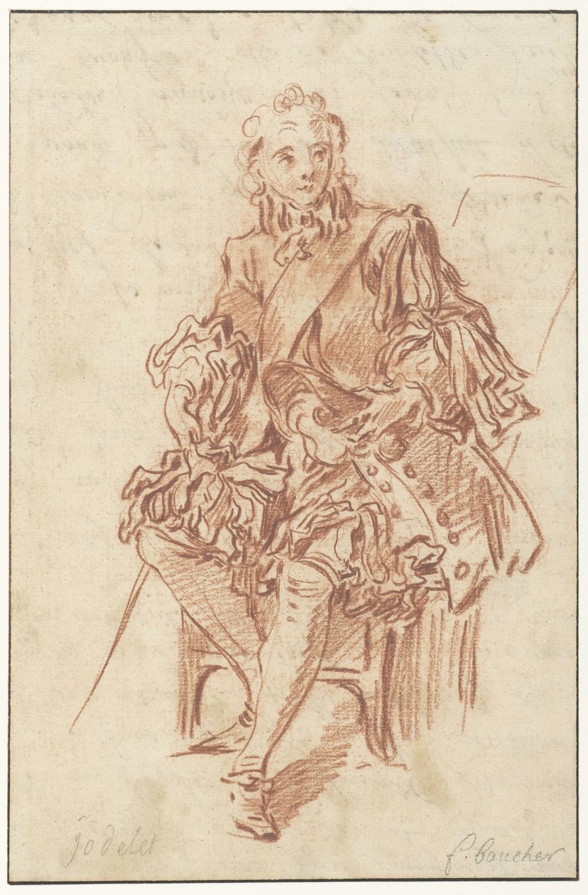 Jodelet, der auf einem Stuhl sitzt (Illustration von Les Précieuses Ridicules aus der Ausgabe von 1734 von Molières Werken, Band I, S. 247) von François Boucher