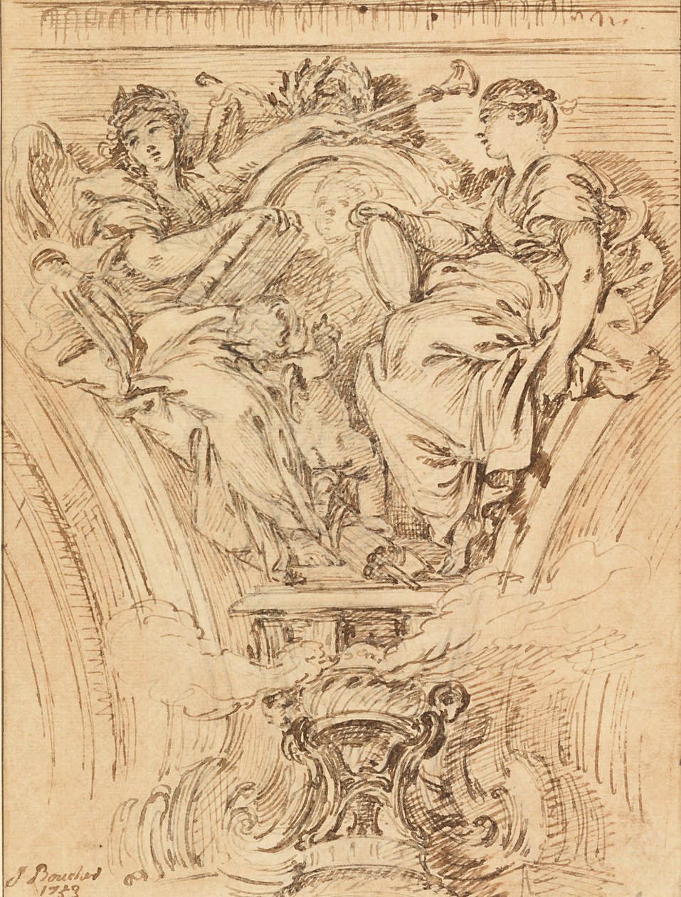 Spandrendekoration: Ruhm und Wahrheit applaudieren Ludwig XV. von François Boucher