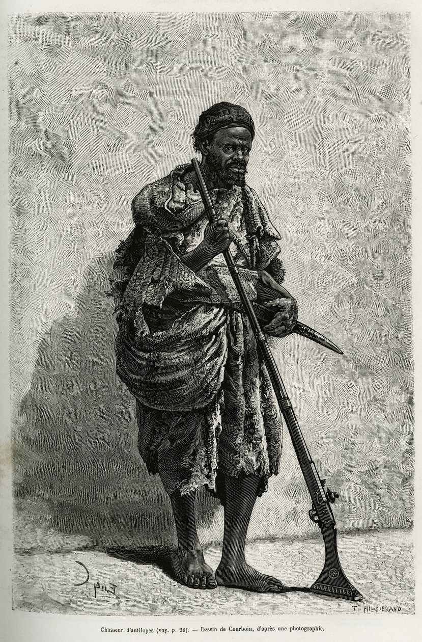 Antilopenjäger. Gravur von Courboin, zur Illustration des Algerischen Sahara, von V. Largeau, 1874-1878, veröffentlicht in der Tour du monde, unter der Leitung von Edouard Charton von François Courboin
