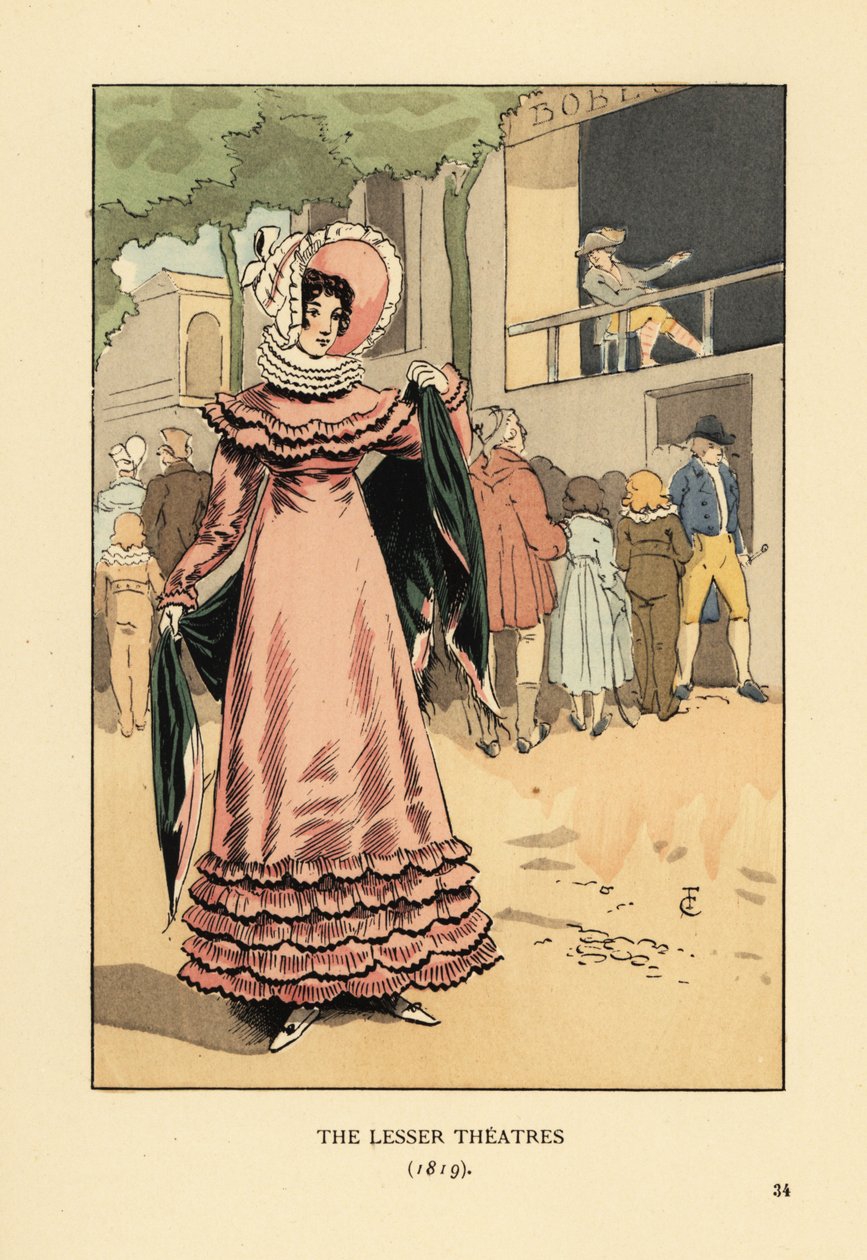 Modische Frau bei einer dramatischen Freiluftvorstellung. Die kleineren Theater von François Courboin